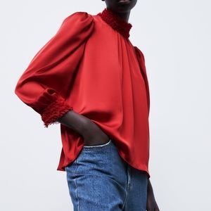 Satin effect ruffled collar blouse